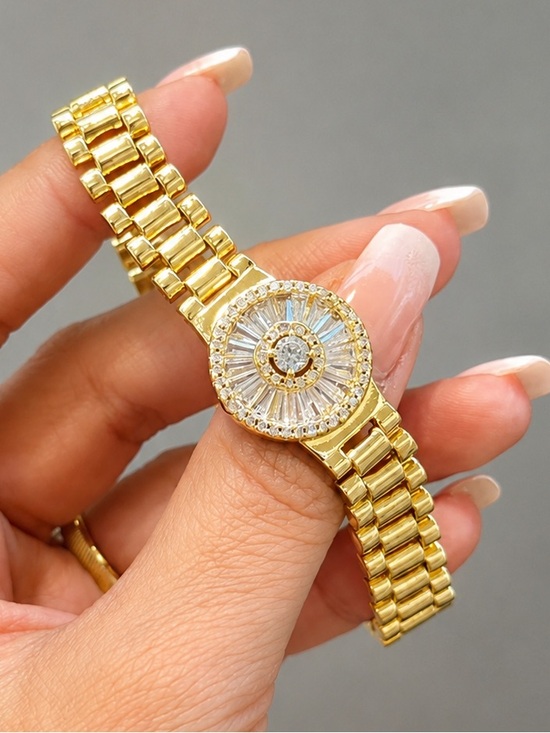 SC JEWELRY Jewelry - 14K Gold Plated Rhodium Zircon Baguette Watch Style Adjustable Bracelet